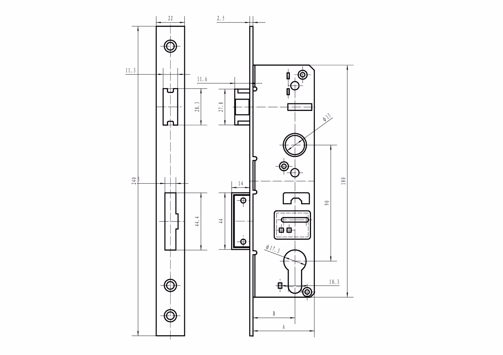 Zámok pre cylin.vložku do JP profilu 50x30mm predná lišta nerez
